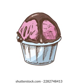 A hand-drawn colored  sketch of an ice cream, cupcake with chocolate sauce in a cup. Vintage illustration. Element for the design of labels, packaging and postcards.