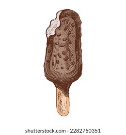 A hand-drawn colored sketch of  ice cream, popsicle on a stick in chocolate. Vintage illustration. Element for the design of labels, packaging and postcards.
