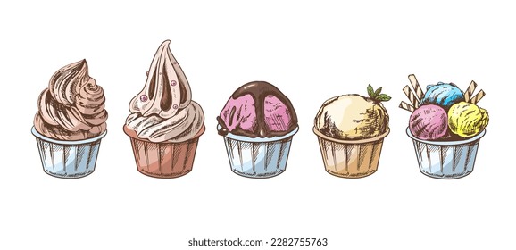 Un boceto coloreado a mano de bolas de helado, yogur congelado o pastelitos en tazas. Establecer. Ilustración vintage. Elemento para el diseño de etiquetas, embalajes y postales.	