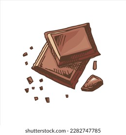 A hand-drawn colored sketch of pieces of chocolate bars. Vintage illustration. Element for the design of labels, packaging and postcards.