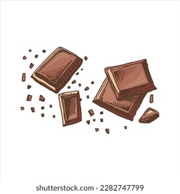 A hand-drawn colored sketch of pieces of chocolate bars. Vintage illustration. Element for the design of labels, packaging and postcards.