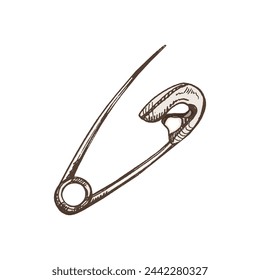 Hand-drawn colored sketch of Safety Pin. Handmade, sewing equipment concept in vintage doodle style. Engraving style.