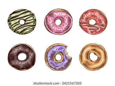 A hand-drawn colored sketch of a set of donuts. Vintage illustration. Pastry sweets, dessert. Element for the design of labels, packaging and postcards.