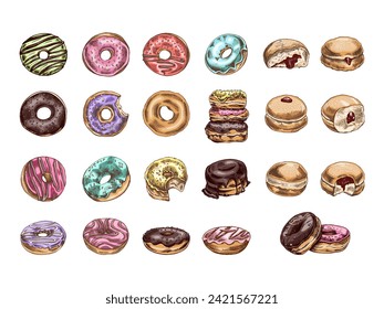 A hand-drawn colored sketch of a set of donuts. Vintage illustration. Pastry sweets, dessert. Element for the design of labels, packaging and postcards.