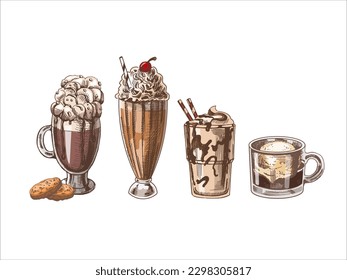 A hand-drawn colored sketch set of drinks. Coffee with whipped cream and cookies, milkshake with cream, ice cream,  affogato coffee with ice cream on a glass cup.