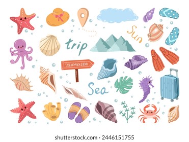 Hand-drawn colored sketch set of travel icons. Tourism and camping adventure icons. Сlipart with travelling elements: marine life, flip-flops, luggage, shells, hat, mountains etc.	