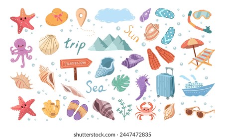 Hand-drawn colored sketch set of travel icons. Tourism and camping adventure icons. Сlipart with travelling elements: marine life, flip-flops, luggage, shells, hat, mountains etc.