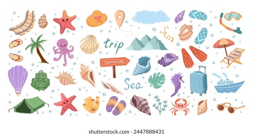 Hand-drawn colored sketch set of travel icons. Tourism and camping adventure icons. Сlipart with travelling elements: marine life, flip-flops, luggage, shells, hat, mountains etc.