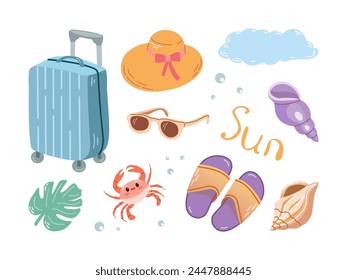 Hand-drawn colored sketch set of travel icons. Tourism and adventure icons. Сlipart with travelling elements: marine life, flip-flops, suitcase, hat, shells etc.