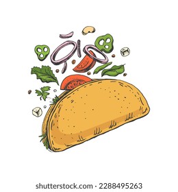 Hand-drawn colored  sketch of taco on white background. Flying ingredients. Onion rings, tomato, cucumber, beans, tortilla. Fast food vintage illustration.