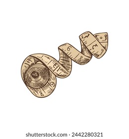 Hand-drawn colored sketch of tailor's measuring tape. Handmade, sewing equipment concept in vintage doodle style. Engraving style.