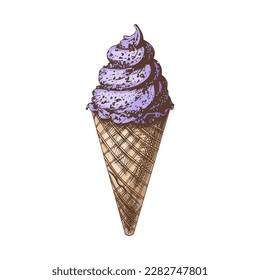 A hand-drawn colored sketch of a waffle cone with frozen yogurt or soft ice cream. Vintage illustration. Element for the design of labels, packaging and postcards.