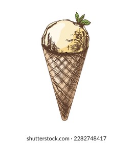 A hand-drawn colored sketch of a waffle cone with ice cream. Vintage illustration. Element for the design of labels, packaging and postcards.