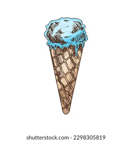 A hand-drawn colored sketch of a waffle cone ice cream. Vintage illustration. Element for the design of labels, packaging and postcards.