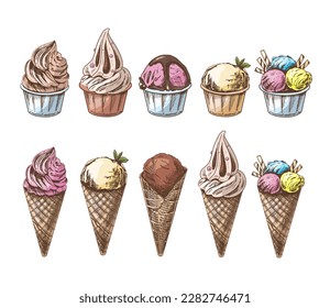 A hand-drawn colored sketch of a waffle cones and ice cream balls, frozen yoghurt or cupcakes in cups. Vintage illustration. Set. Element for the design of labels, packaging and postcards.