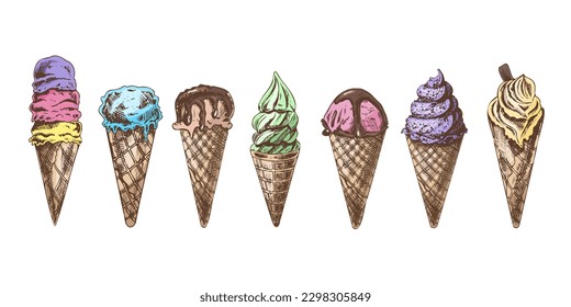 Eine handgezeichnete Skizze einer Waffelschnur mit Eis oder gefrorenem Jogurt. Vintage-Illustration. Set. Element für die Gestaltung von Etiketten, Verpackungen und Postkarten.