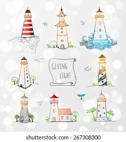 Hand-drawn colored sketches of lighthouses. Vector illustration.