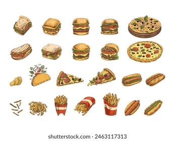 Hand-drawn colored sketches of street food, takeaway food, fast food, junk food and drinks. Burgers, potato french fries, chips, pizza, hot dogs, burritos, tacos, set. Great for menu.