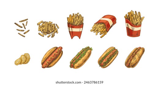 Hand-drawn colored sketches of street food, takeaway food, fast food, junk food. Potato french fries, chips, hot dogs set. Great for menu.