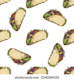 Padrão de taco sem costura colorido desenhado à mão. Ilustração da safra de fast food. Elementos para a concepção de etiquetas, embalagens e cartões postais
