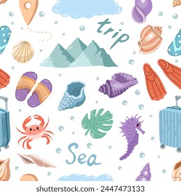 Hand-drawn colored travel seamless pattern. Tourism and camping adventure. Сlipart with travelling elements: marine life, flip-flops, luggage, shells, hat, mountains etc.