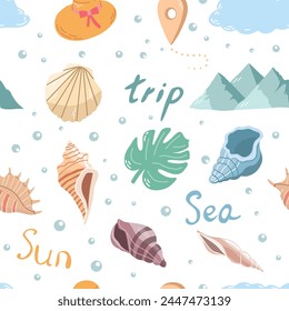 Hand-drawn colored travel seamless pattern. Tourism and camping adventure. Сlipart with travelling elements: marine life, flip-flops, luggage, shells, hat, mountains etc.