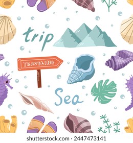 Hand-drawn colored travel seamless pattern. Tourism and camping adventure. Сlipart with travelling elements: marine life, flip-flops, luggage, shells, hat, mountains etc.