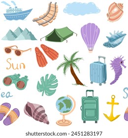 Hand-drawn colored travel seamless pattern. Tourism and camping adventure. Сlipart with travelling elements.