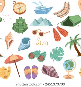 Hand-drawn colored travel seamless pattern. Tourism and camping adventure. Сlipart with travelling elements.