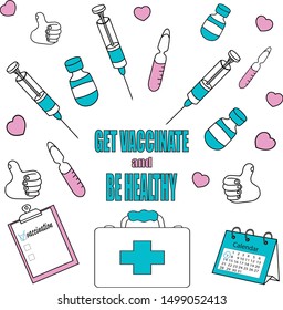 Hand-drawn colored vector illustration about need of  vaccination with elements of medicine equipment (medicine kit, syringe, ampoule, phial) on white background