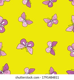 Hand-drawn colored vector illustration of one butterfly is flying on a yellow background. Seamless pattern