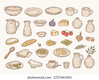 Conjunto de arte de linha vetorial colorido desenhado à mão de louça de cerâmica e comida simples em cores pastel macias. Contornos mínimos e imperfeitos, ideais para padrões, cenas, projetos criativos e designs têxteis ou de cozinha