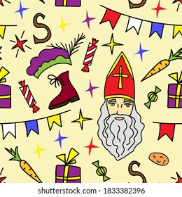 Hand-drawn colored vector seamless pattern. Saint Nicholas Day, . Traditional holiday. Christmas, New Year's design. Sinterklaas, shoe, carrot, star on a beige background. For wrapping paper print.