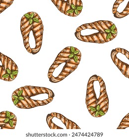 Hand-drawn colored vector seamless pattern of piece of barbecue salmon steak. Doodle vintage illustration. Decorations for the menu. Engraved image.	