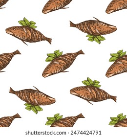 Hand-drawn colored vector seamless pattern of barbecue fish. Doodle vintage illustration. Decorations for the menu of cafes and labels. 