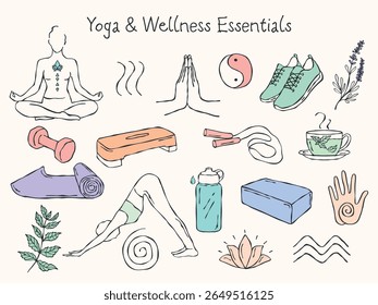 Conjunto vetorial colorido desenhado à mão de símbolos de energia e equilíbrio. Inclui yin-yang, silhueta meditativa, mão, espiral, ondas, sol, lua, olho e namaste
