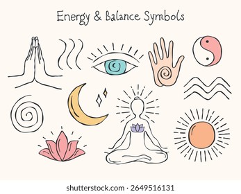 Conjunto vetorial colorido desenhado à mão de símbolos de energia e equilíbrio. Inclui ondas, espiral, yin-yang, linhas de respiração, mão com ponto de energia, círculo de energia, gesto de namaste, lua, figura meditando e sol