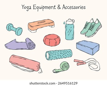 Hand-drawn colored vector set of yoga equipment and accessories. Includes yoga mat, water bottle, dumbbell, jump rope, yoga block, sneakers, and step platform