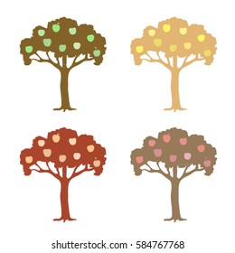 Hand-drawn colored vector silhouettes of apple-trees with yellow, green, pink and purple apples