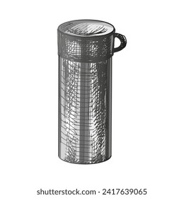 Hand-drawn colored vector sketch of athermos. Doodle vintage illustration. Engraved image.