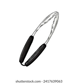 Hand-drawn colored vector sketch of Barbecue tongs  on white background. Doodle vintage illustration. Decorations for the menu of cafes and labels. Engraved image.