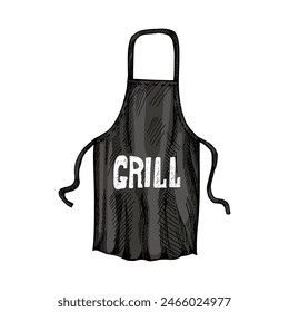 Hand-drawn colored vector sketch of barbecue apron. Doodle vintage illustration. Decorations for the menu of cafes and labels. Engraved image.	