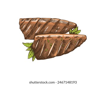 Hand-drawn colored vector sketch of barbecue fish. Doodle vintage illustration. Decorations for the menu of cafes and labels. Engraved image.