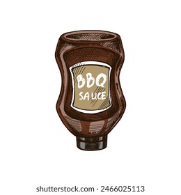 Handgezeichnete farbige Vektorgrafik Skizze der Flasche Grillsauce. Doodle Vintage Illustration. Dekorationen für die Speisekarte von Cafés und Etiketten. Graviertes Bild.
