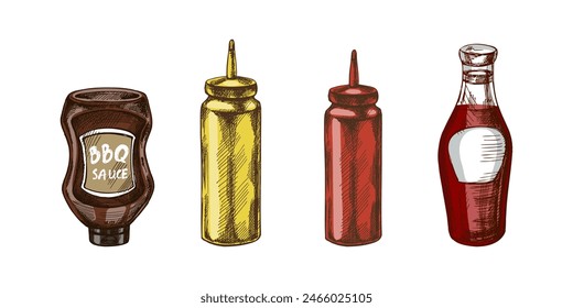 Hand-drawn colored vector sketch of bottles with ketchup, mayonnaise or mustard and  barbecue sauce. Doodle vintage illustration on white background. 