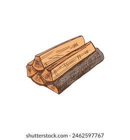 Hand-drawn colored vector sketch of firewood. Doodle vintage illustration. Decorations for the menu of cafes and labels. Engraved image.