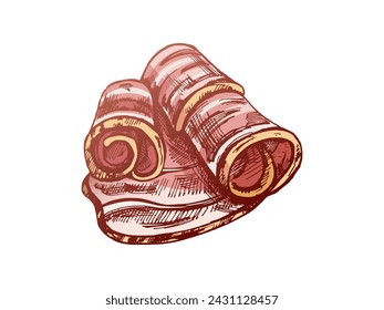 Hand-drawn colored vector sketch of hamon or pork meat, ham slice. Italian prosciutto vintage sketch. Butcher shop. Great for label, restaurant menu. Engraved image. 