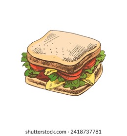 Hand-drawn colored vector sketch of a piece of sandwich with vegetables, cheese, meat. Doodle vintage illustration. Decorations for the menu of cafes and labels. Engraved image.
