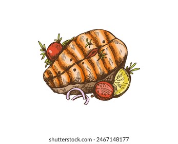 Dibujado a mano boceto de Vector de color de pedazo de carne de salmón barbacoa. Ilustración vintage de Doodle. Decoración del menú. Imagen grabada.