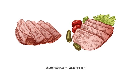 Hand-drawn colored vector sketch of  pork meat, ham slice, prosciutto vintage sketch. Butcher shop. Great for label, restaurant menu. Engraved image.